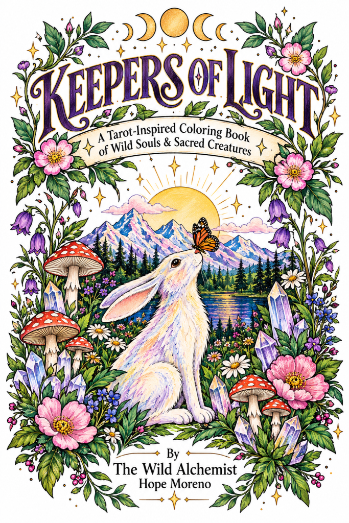 Cover of Keepers of Light coloring book: a white rabbit with a monarch butterfly before mountains and a rising sun, framed by flowers, mushrooms and crystals