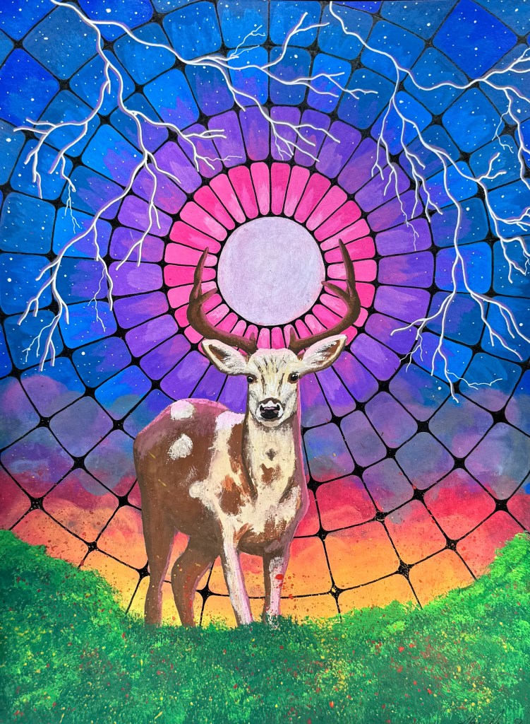 A buck standing under a pink and violet moon halo with white lightning across the sky