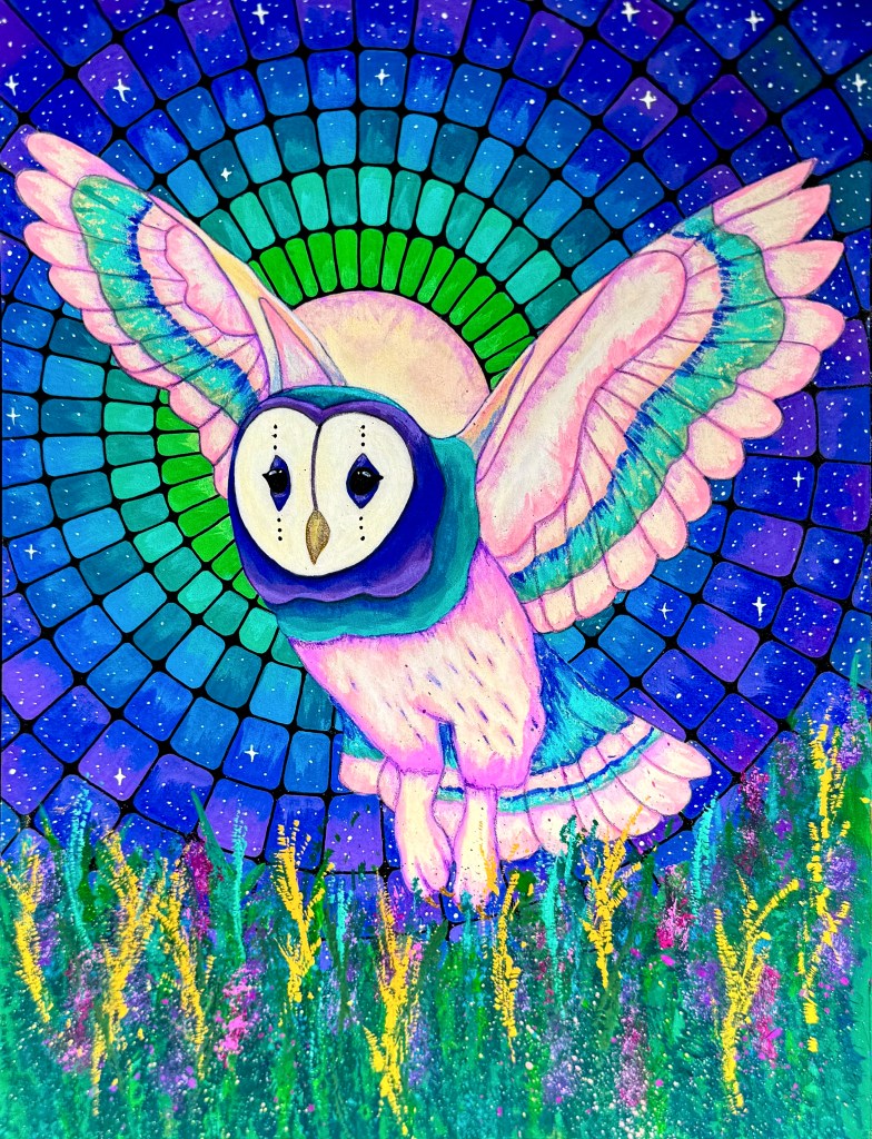 A barn owl with pink and teal wings spread in flight before a stained-glass night sky