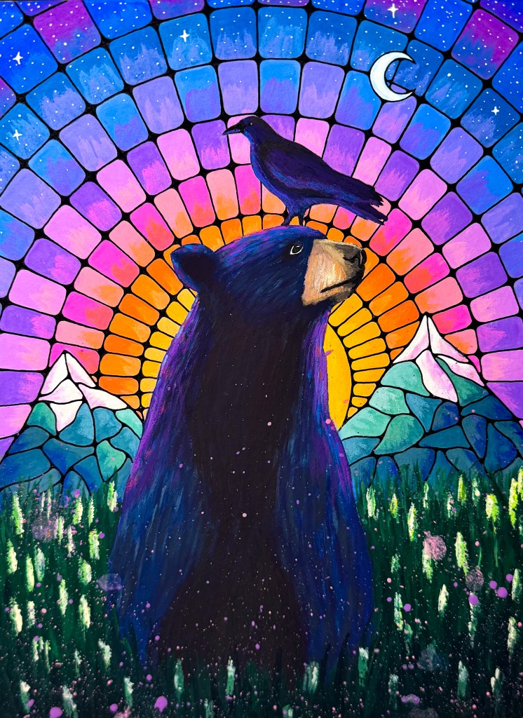 A black bear with a raven on its head before a glowing stained-glass sunset and mountains