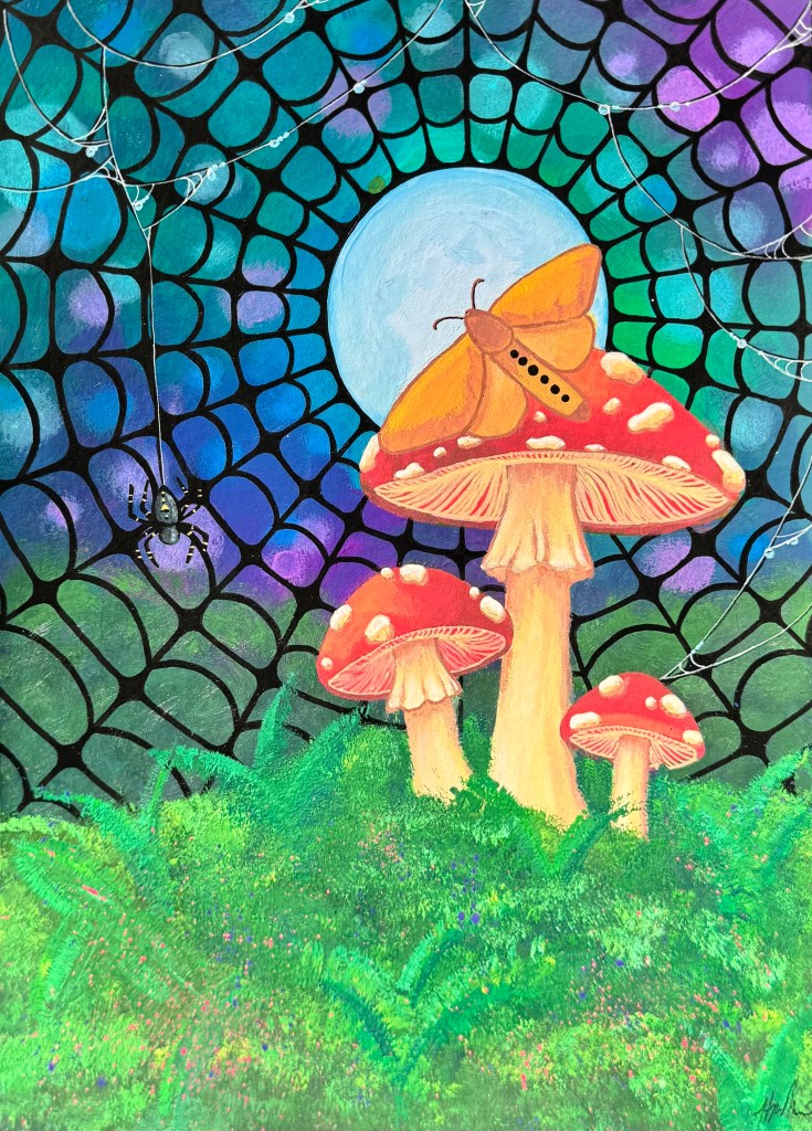 A golden moth resting on red toadstools under a pale moon, with a spider hanging in a web