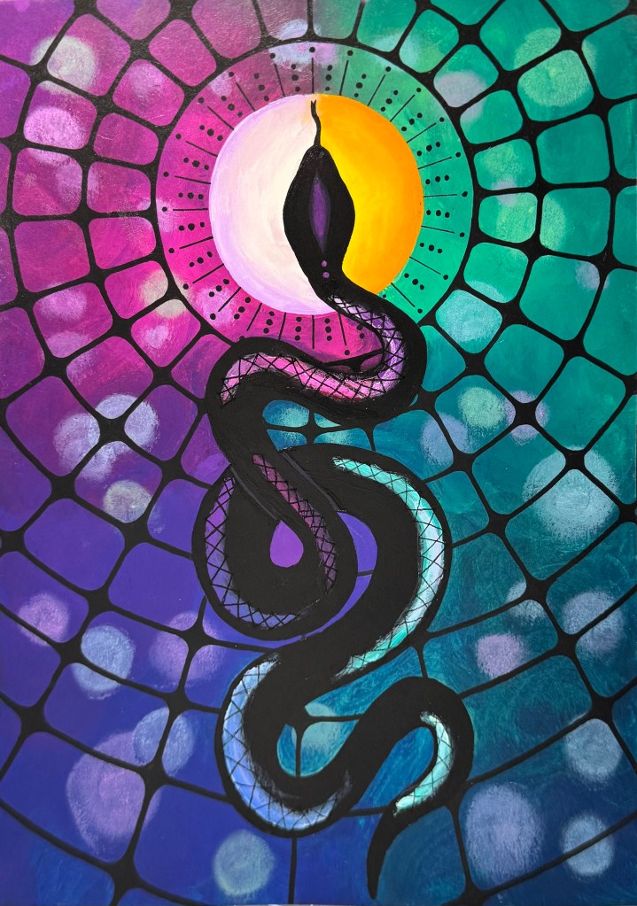 A black snake rising before a moon split between white and gold, with a purple and teal stained-glass background