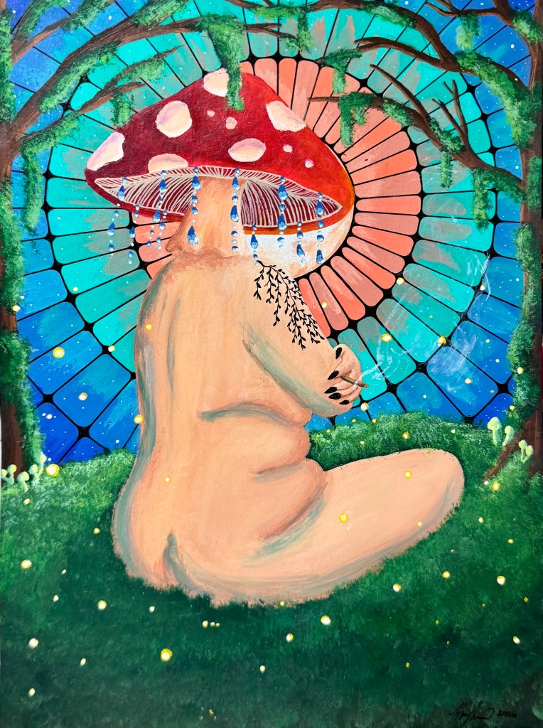 A seated figure with a red toadstool for a head, crying, in a mossy forest before a stained-glass window